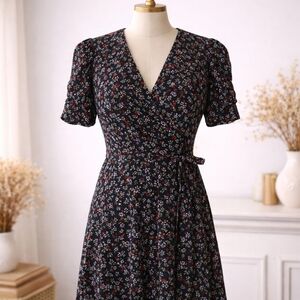 Highline Collective Black Floral Wrap Dress with Red and White Accents